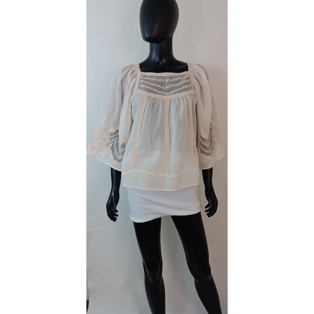 Anthropologie Sheer Peasant Blouse Top 100% Cotton Lace Embroidered Cream Size 6